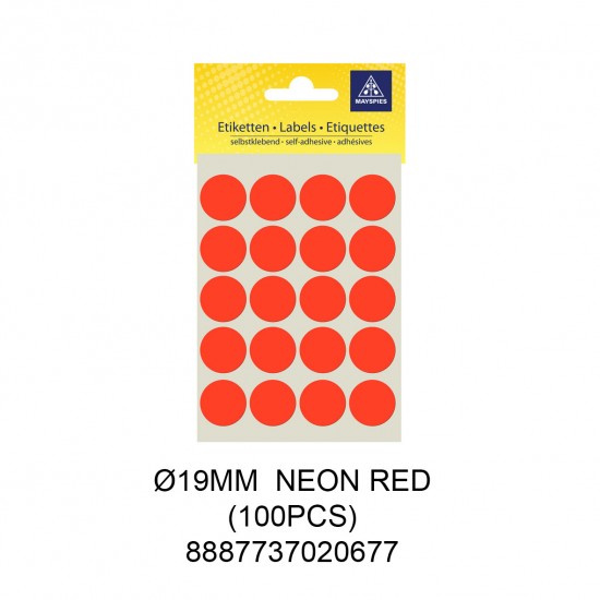 MAYSPIES MS019 COLOUR DOT LABEL / 5 SHEETS/PKT / 100PCS / ROUND 19MM NEON RED